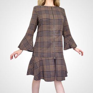 Cabi Long Pleated Plaid Flounce Sleeve Coat